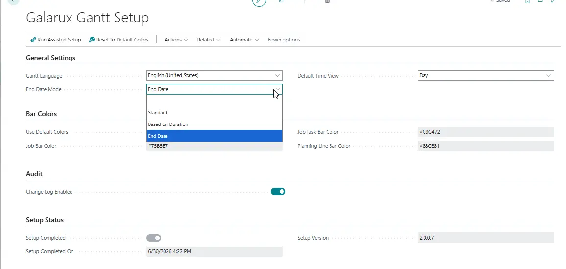 Galarux Gantt setup page